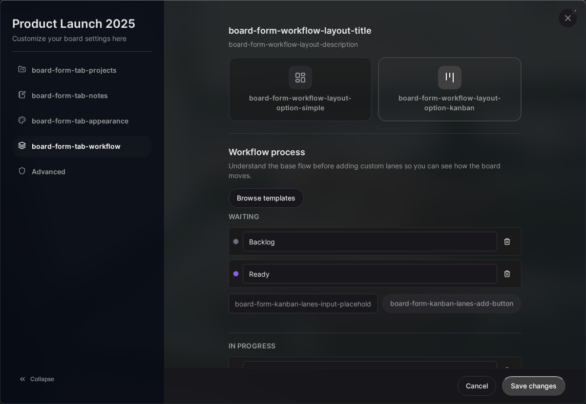 Board-Workflow-Einstellungen (Desktop)