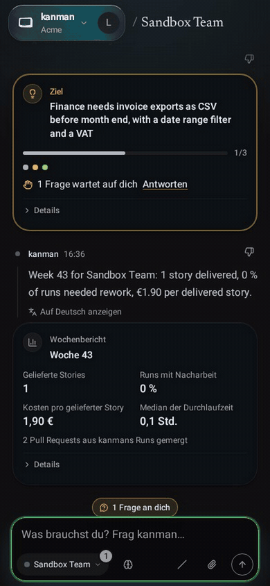 kanman auf dem Smartphone: die Unterhaltung und ein Fenster, das sich vom unteren Rand öffnet