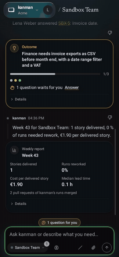 kanman on a phone: the conversation and a sheet opened from the bottom of the screen