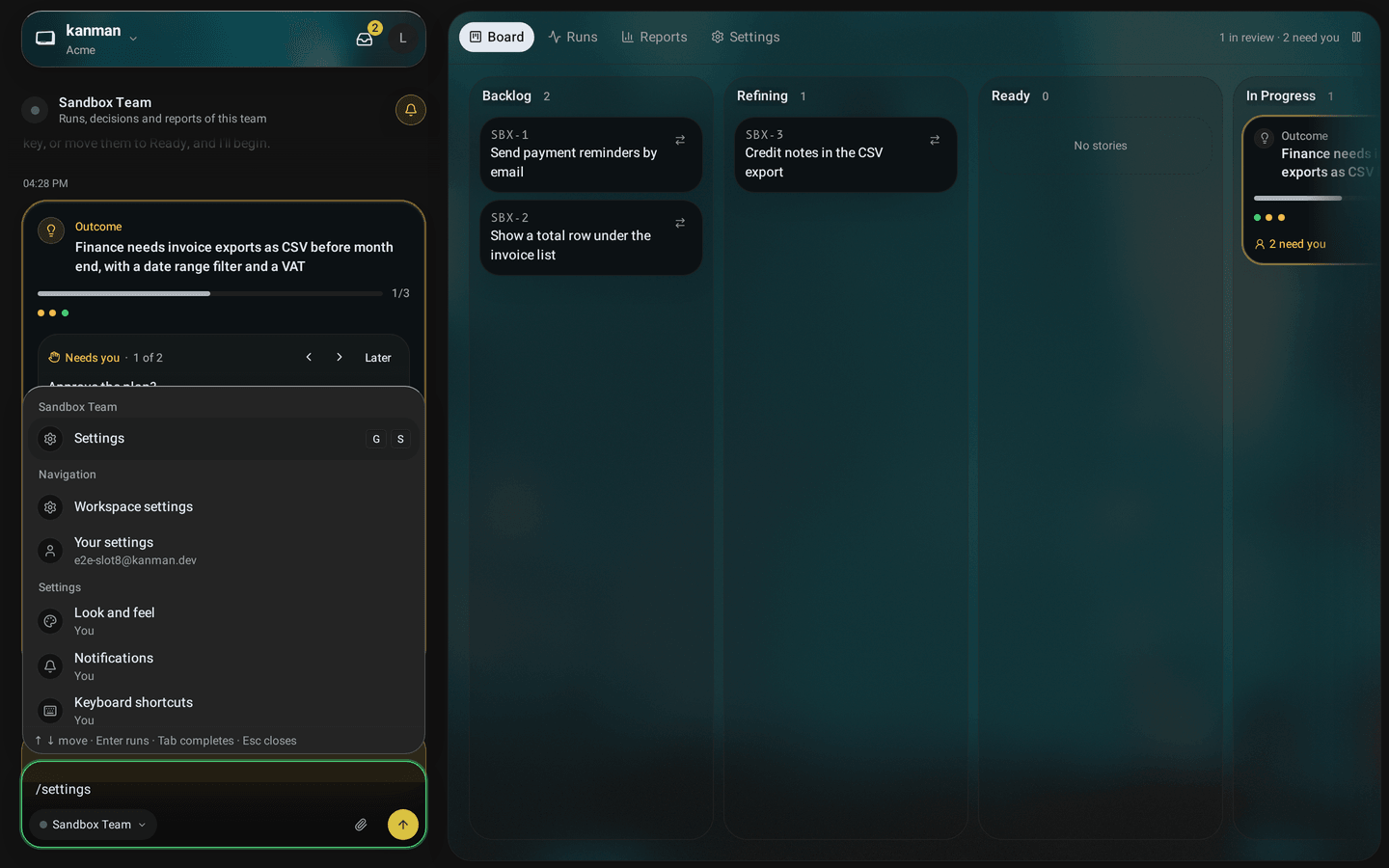 The message box with a slash typed and the command list above it, showing the sections of the current team, navigation and actions (Desktop)