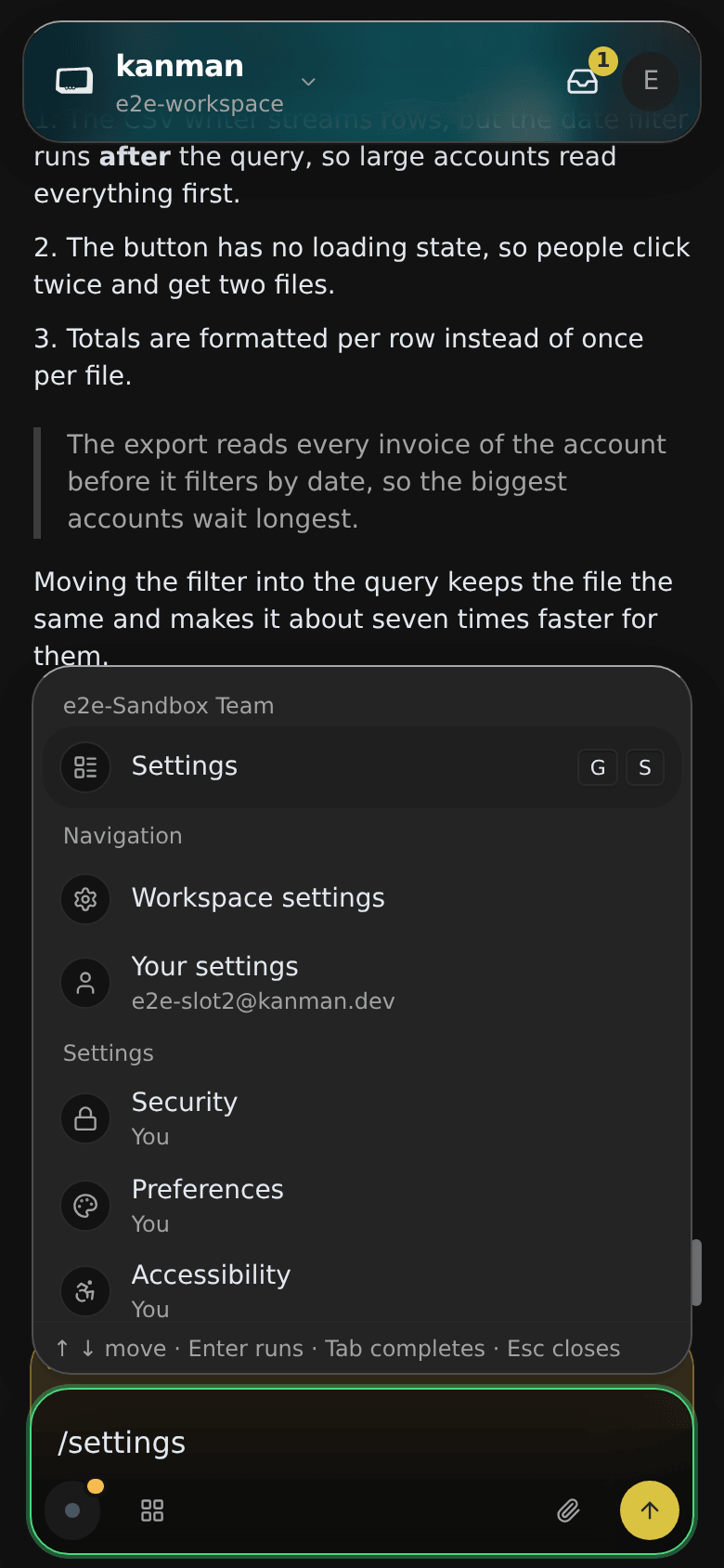 The message box with a slash typed and the command list above it, showing the sections of the current team, navigation and actions (Mobile)