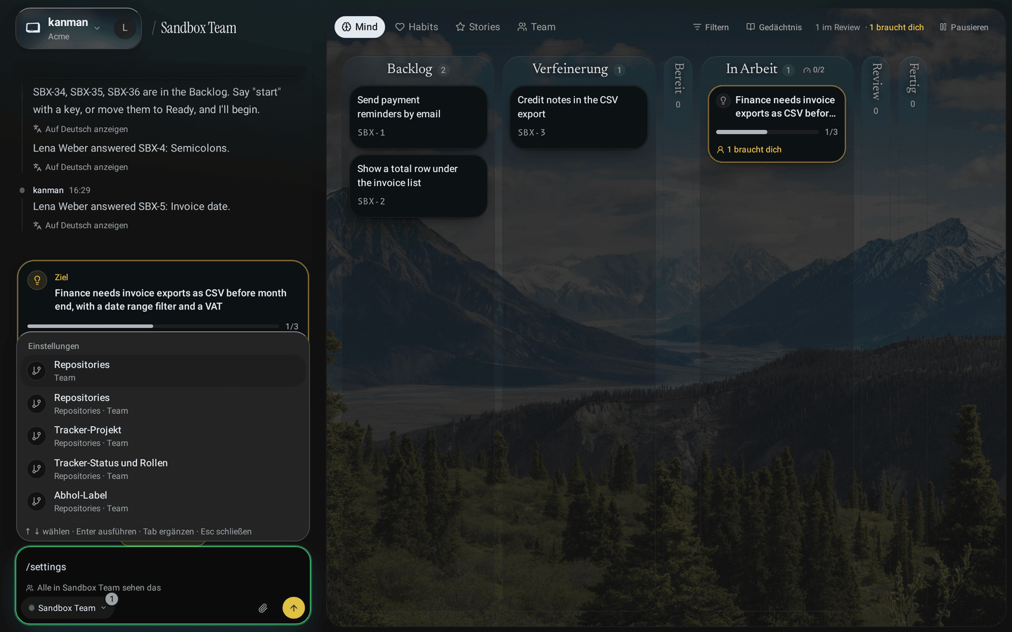 Das Nachrichtenfeld mit einem getippten Schrägstrich und der Befehlsliste darüber, mit den Bereichen des aktuellen Teams, Navigation und Aktionen (Desktop)