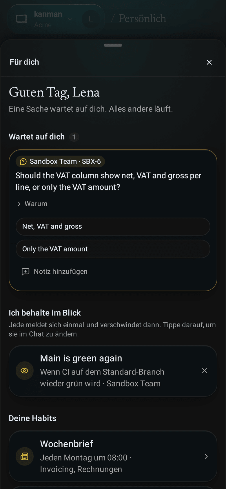 Für dich neben dem Chat Persönlich: eine Begrüßung, was auf dich wartet und wie du es magst (Mobile)