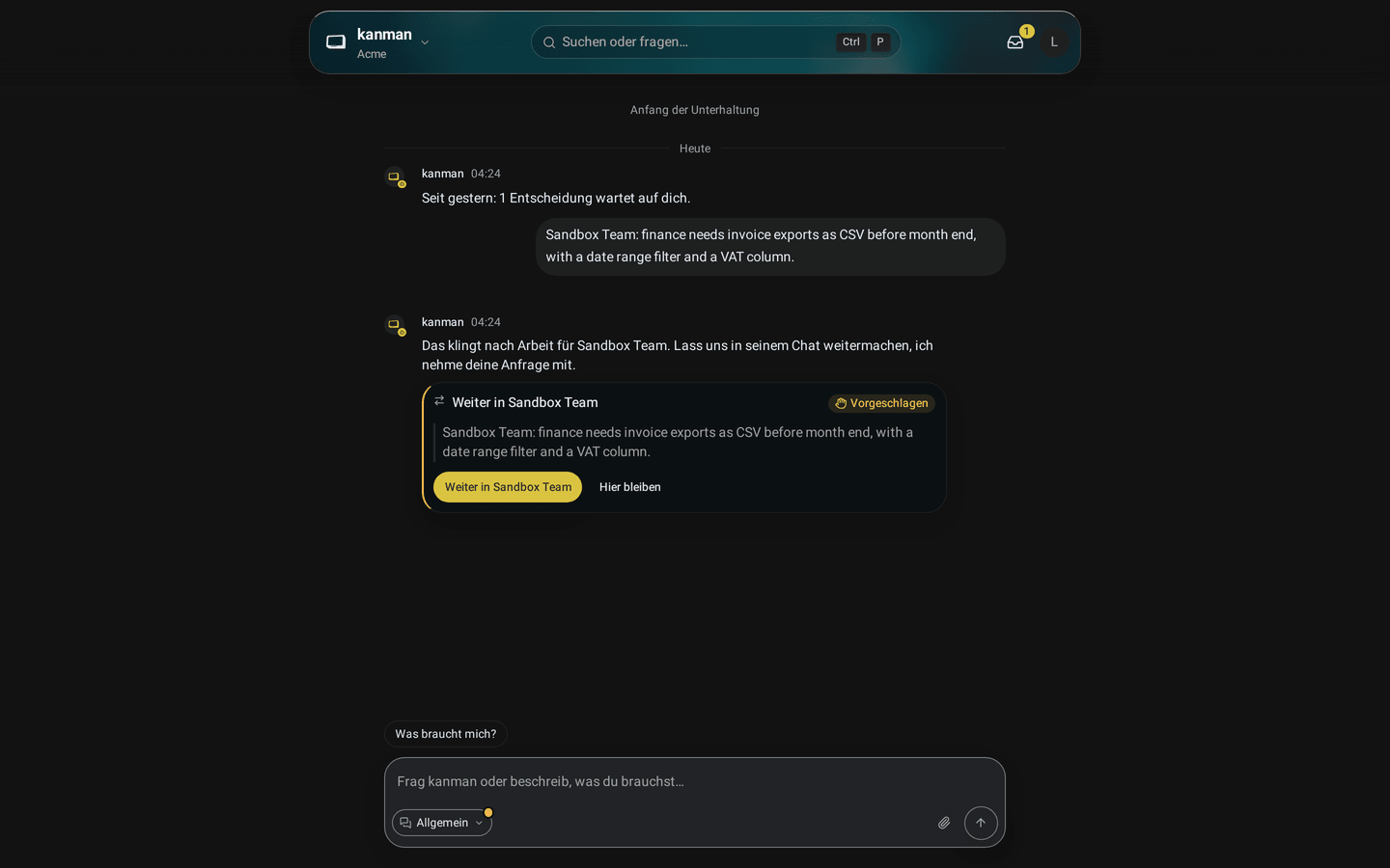 Allgemein: eine Anfrage für das Sandbox Team und kanmans Antwort mit einer Karte, die sie zitiert und Weiter in Sandbox Team sowie Hier bleiben anbietet