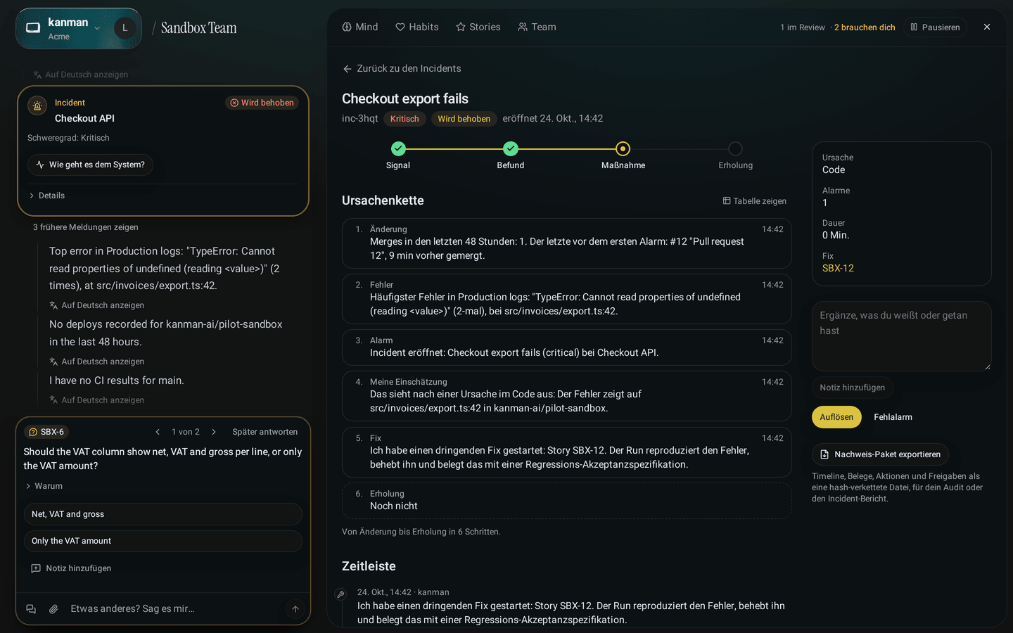 Incident-Seite mit Schweregrad, der Zeitleiste der Erkenntnisse und dem dringenden Fix mit Link zu seinem Run