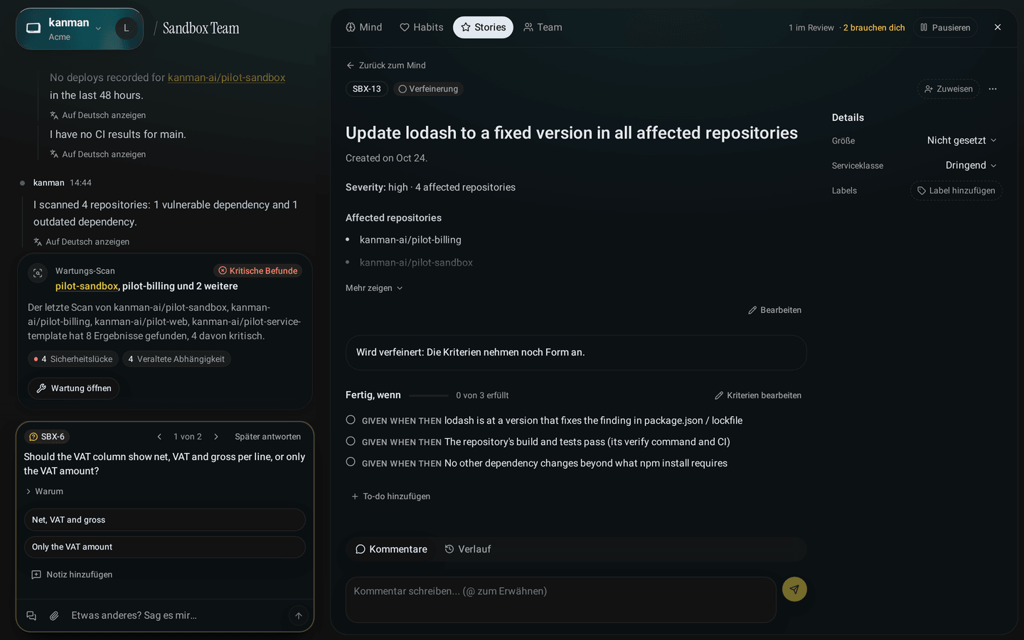 Eine Wartungs-Story für eine Korrektur über Repositorys hinweg: lodash in allen betroffenen Repositorys aktualisieren, die Liste der vier betroffenen Repositorys, das Repository, an dem der nächste Run arbeitet, und der Hinweis, auch die gemeinsame Vorlage zu korrigieren