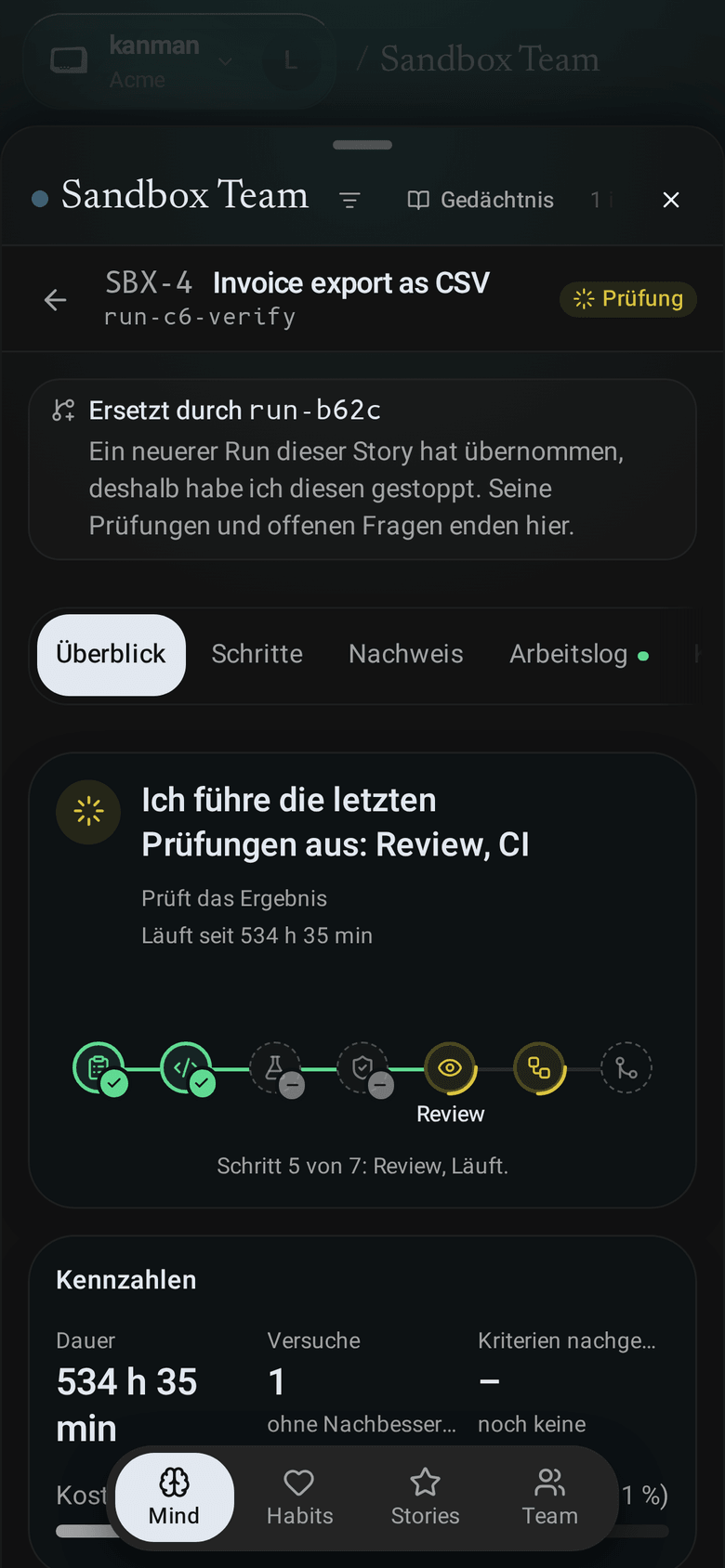 Überblick des Runs der Sandbox-Story: was kanman gerade tut und die Kennzahlen mit den Kosten (Mobile)
