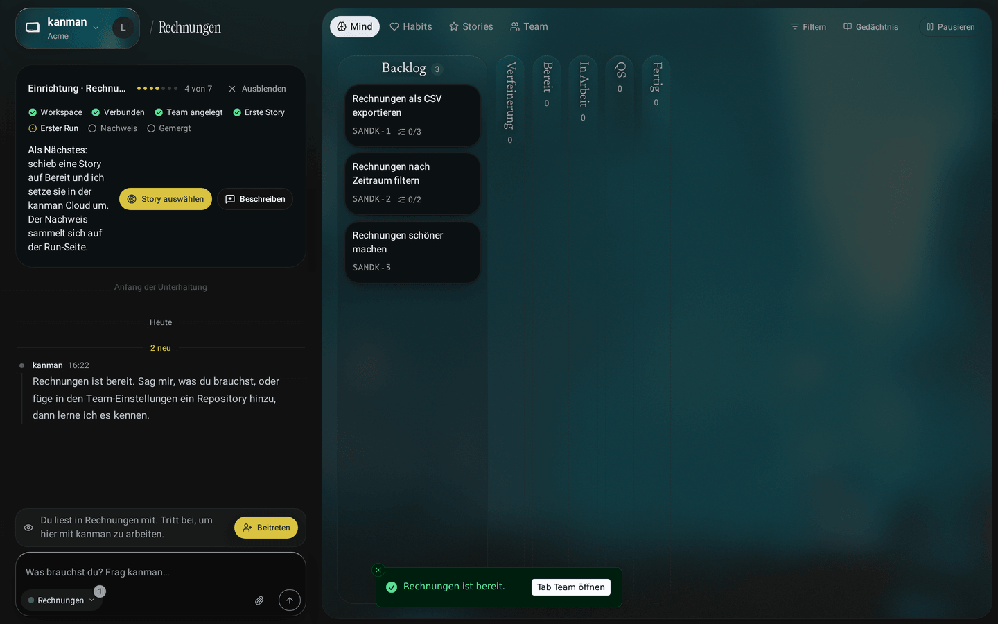 Neues Sandbox-Team neben der Unterhaltung: sein Mind sagt Noch nichts im Kopf mit dem nächsten Schritt, der Team-Kopf zeigt Ruht und die Einrichtungs-Karte steht in der Unterhaltung