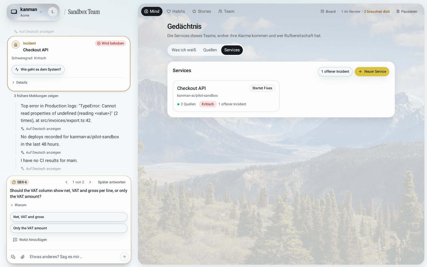 Ansicht Services im Gedächtnis eines Teams mit einem Service, seinem Repository, zwei funktionierenden Quellen und einem offenen Incident
