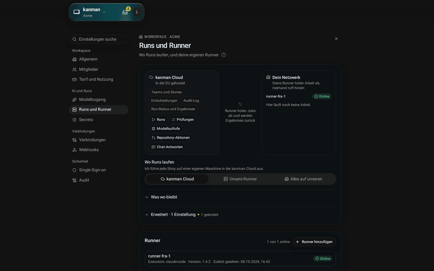 Workspace-Einstellungen, Runs und Runner mit einem Online-Runner samt Name, Version und Executors