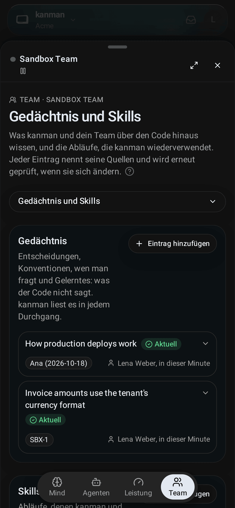 Reiter Team, Gedächtnis und Skills: Einträge mit dem, was sie sagen, als Überschrift, jeweils mit Quellen, Aktualität und wer sie geändert hat, darunter ein Skill (Mobile)