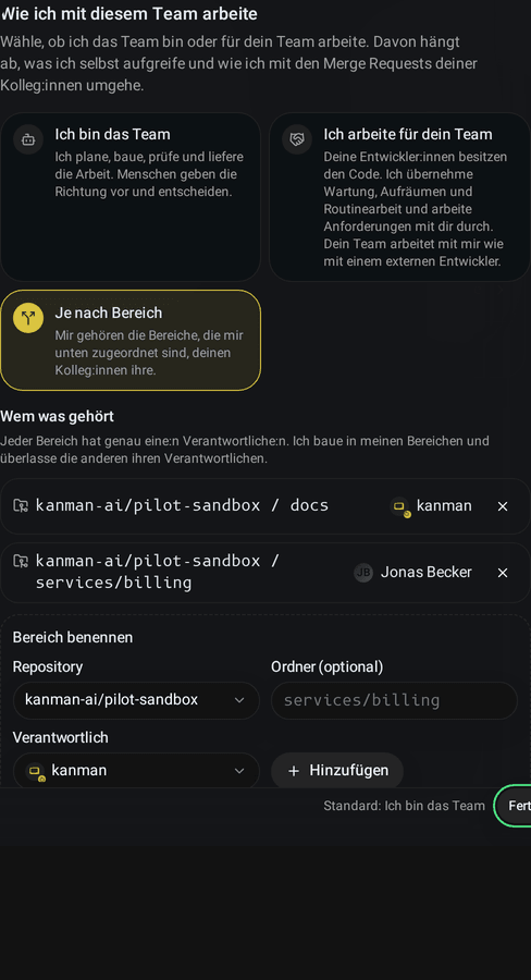 Reiter Team, Karte Wie ich mit diesem Team arbeite: die drei Auswahlmöglichkeiten mit Je nach Bereich gewählt, zwei benannte Bereiche (der Ordner docs für kanman und der Abrechnungsdienst für eine Person), die Zeile für einen weiteren Bereich und die Bereiche aus den letzten Änderungen (Desktop)