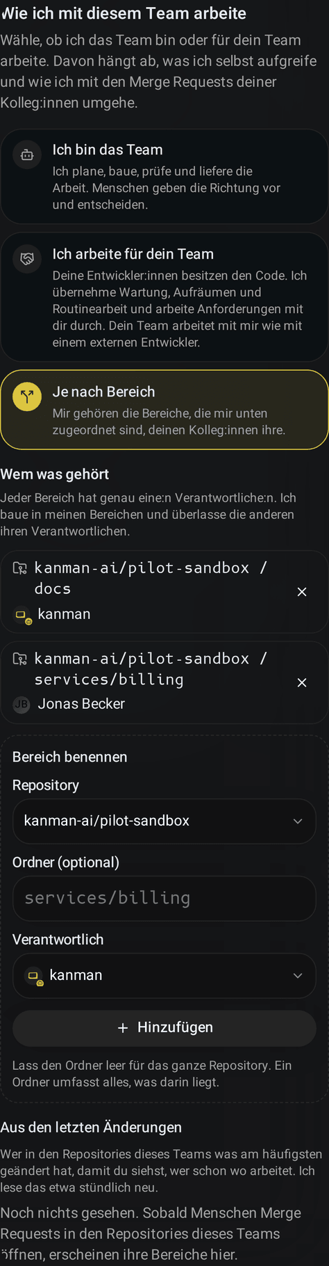 Reiter Team, Karte Wie ich mit diesem Team arbeite: die drei Auswahlmöglichkeiten mit Je nach Bereich gewählt, zwei benannte Bereiche (der Ordner docs für kanman und der Abrechnungsdienst für eine Person), die Zeile für einen weiteren Bereich und die Bereiche aus den letzten Änderungen (Mobile)