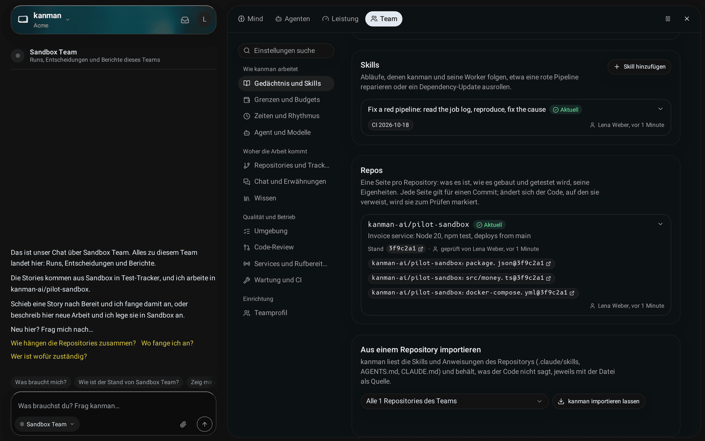 Die Karte Repos: eine Repository-Seite mit dem Stand ihres Commits, wer sie wann geprüft hat, und die Repositories ohne Seite (Desktop)