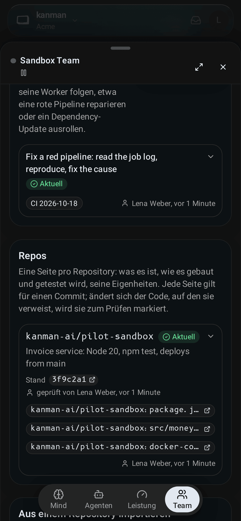 Die Karte Repos: eine Repository-Seite mit dem Stand ihres Commits, wer sie wann geprüft hat, und die Repositories ohne Seite (Mobile)