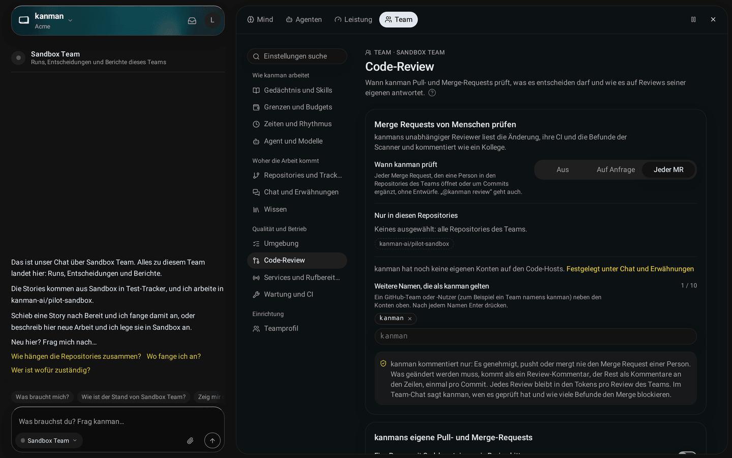 Team-Tab, Code-Review: Merge-Requests von Menschen prüfen steht auf Jeder MR, die Repositories des Teams als Chips und der Hinweis, dass kanman nur kommentiert