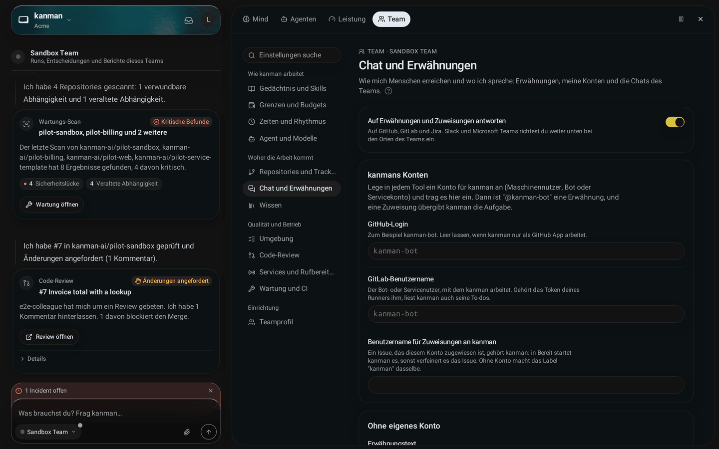 Reiter Team, Chat und Erwähnungen: kanmans Konten auf GitHub, GitLab und im Tracker, Erwähnungen und Zuweisungen eingeschaltet und ein zugewiesenes Issue zuerst verfeinern