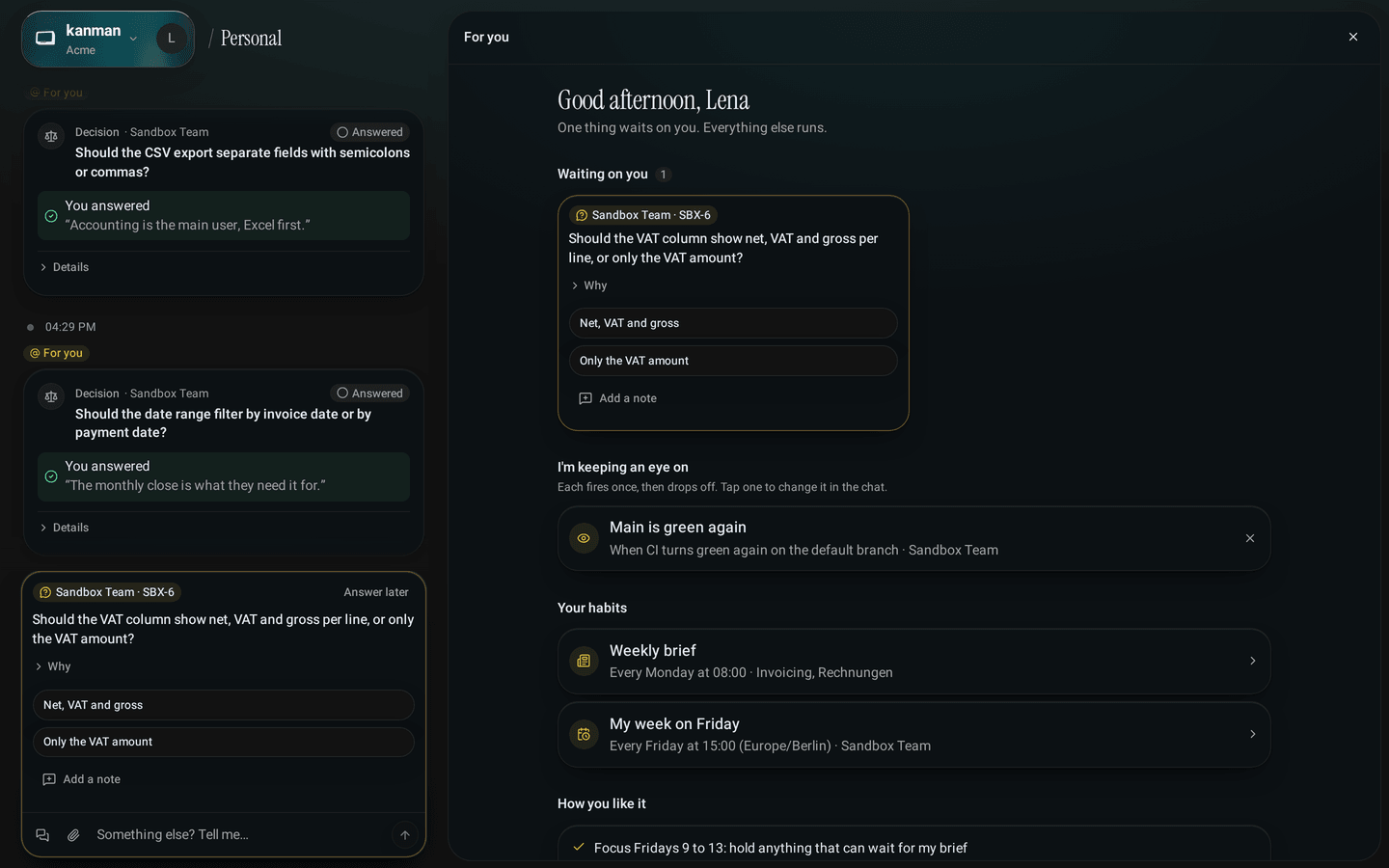 For you beside the Personal chat: a greeting, what waits on you and how you like it (Desktop)