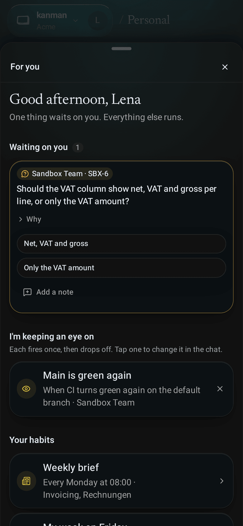 For you beside the Personal chat: a greeting, what waits on you and how you like it (Mobile)