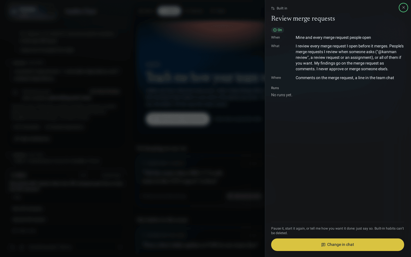 Habits tab: the built-in habit Review merge requests opened, reviewing every merge request people open, and its last reviews