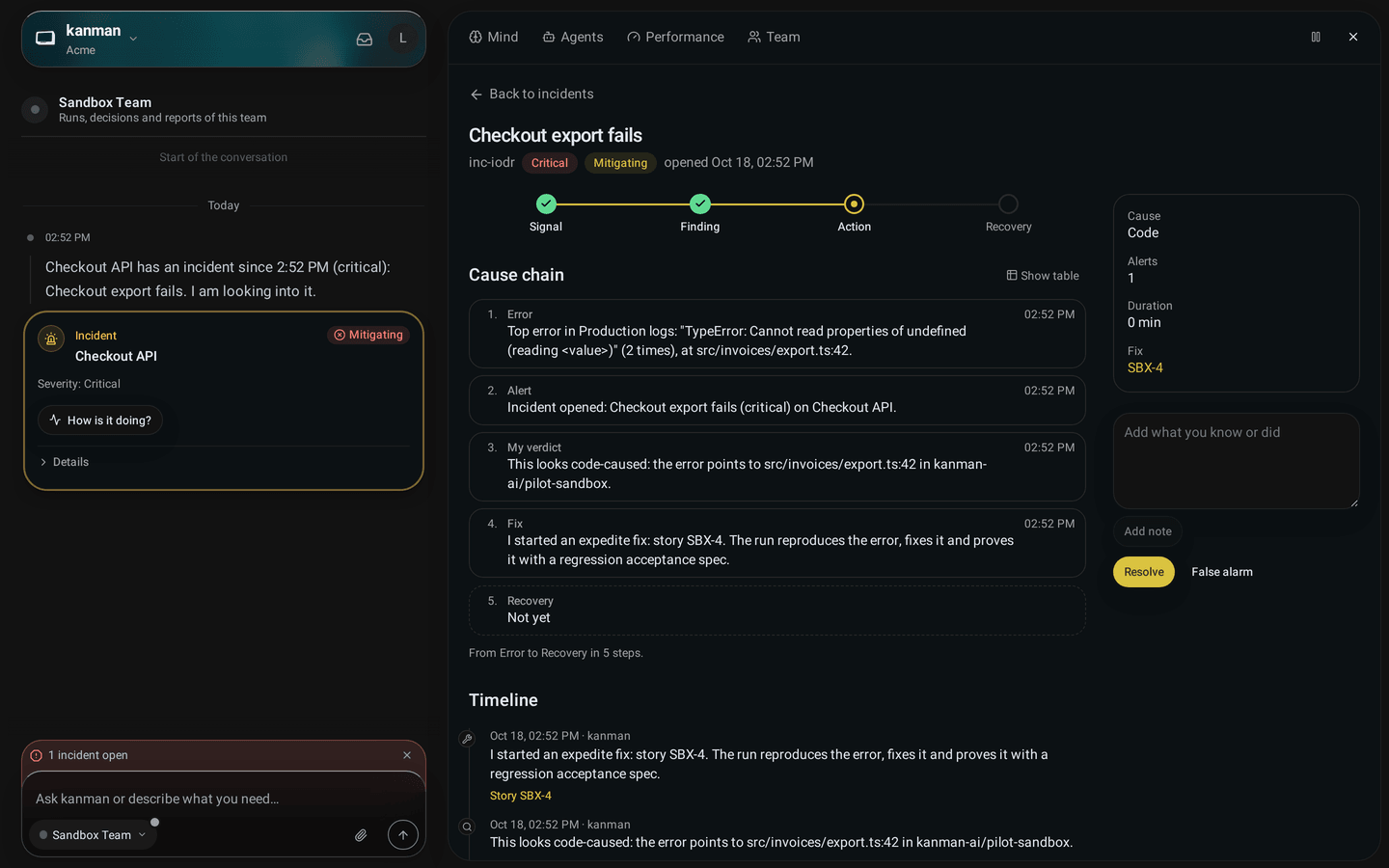Incident page with severity, the timeline of findings and the expedite fix linked to its run