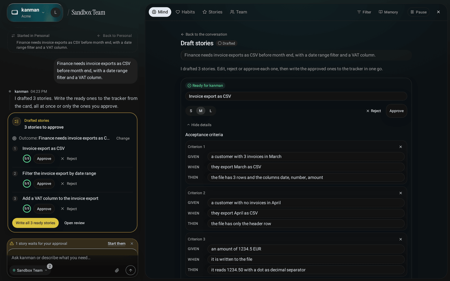 Intake review with three drafted stories, each showing acceptance criteria and a readiness score