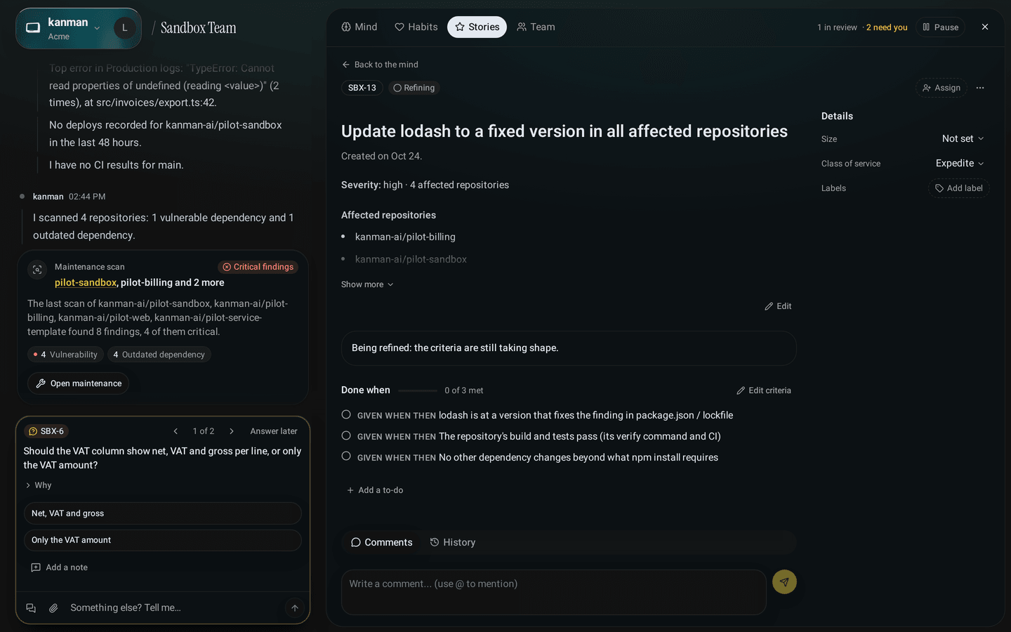 A maintenance story for one fix across repositories: update lodash in all affected repositories, the list of the four affected repositories, the repository the next run works on and the hint to fix the shared template too