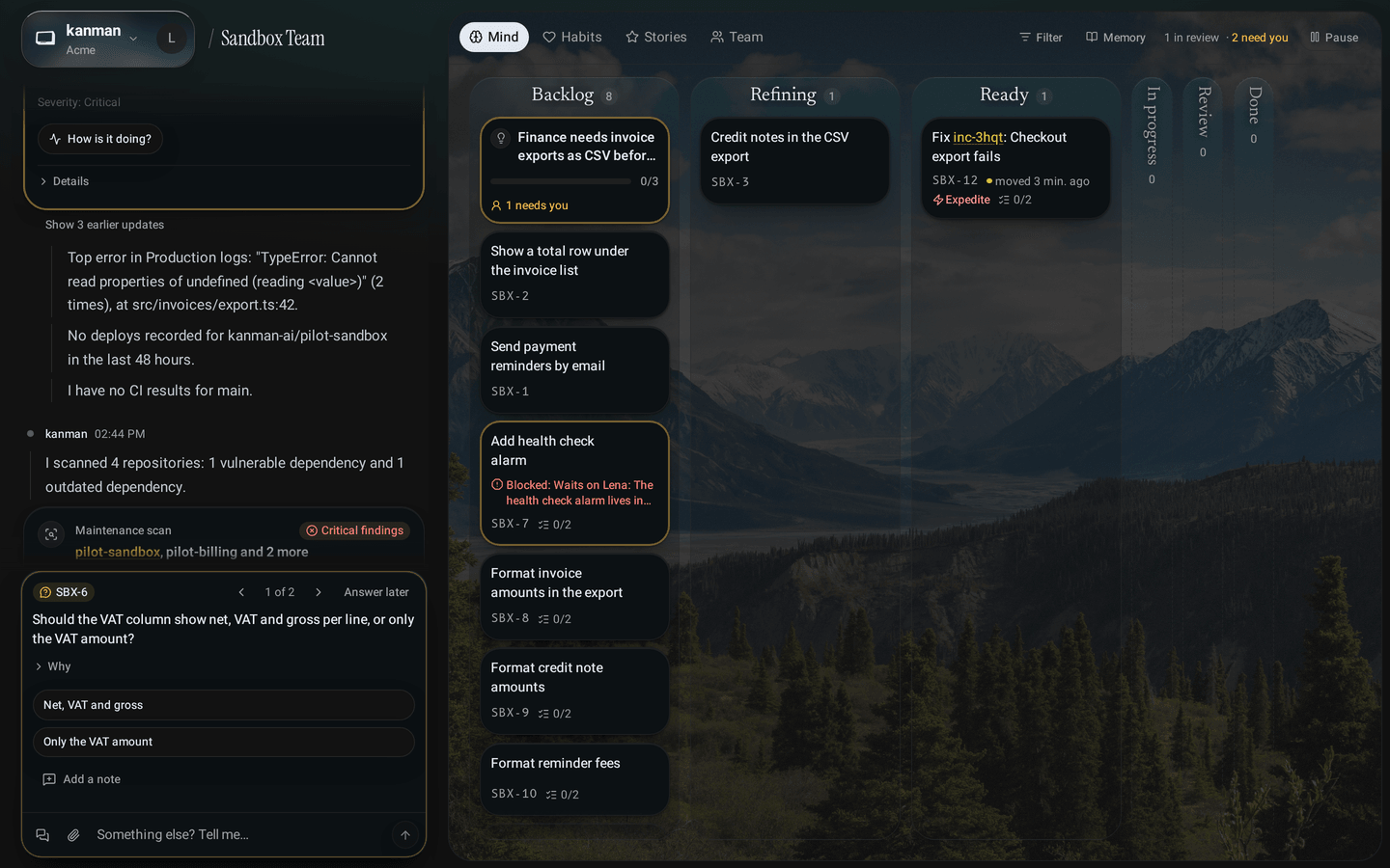 The team's chat after a scan of four repositories: kanman's one summary message counts what it found by fix