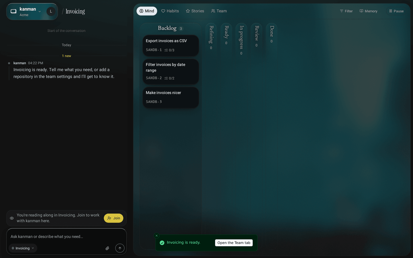 New sandbox team board beside the conversation, with empty columns, the team header saying Idle and Balanced and the Setup card in the conversation