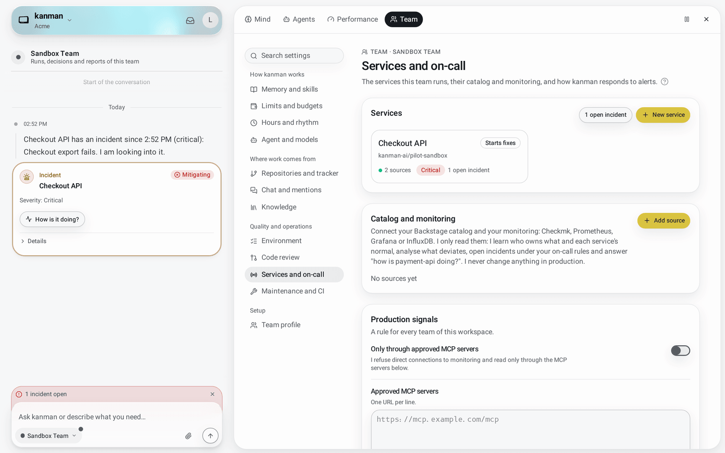 Services tab of a team with one service, its repository, two healthy sources and one open incident
