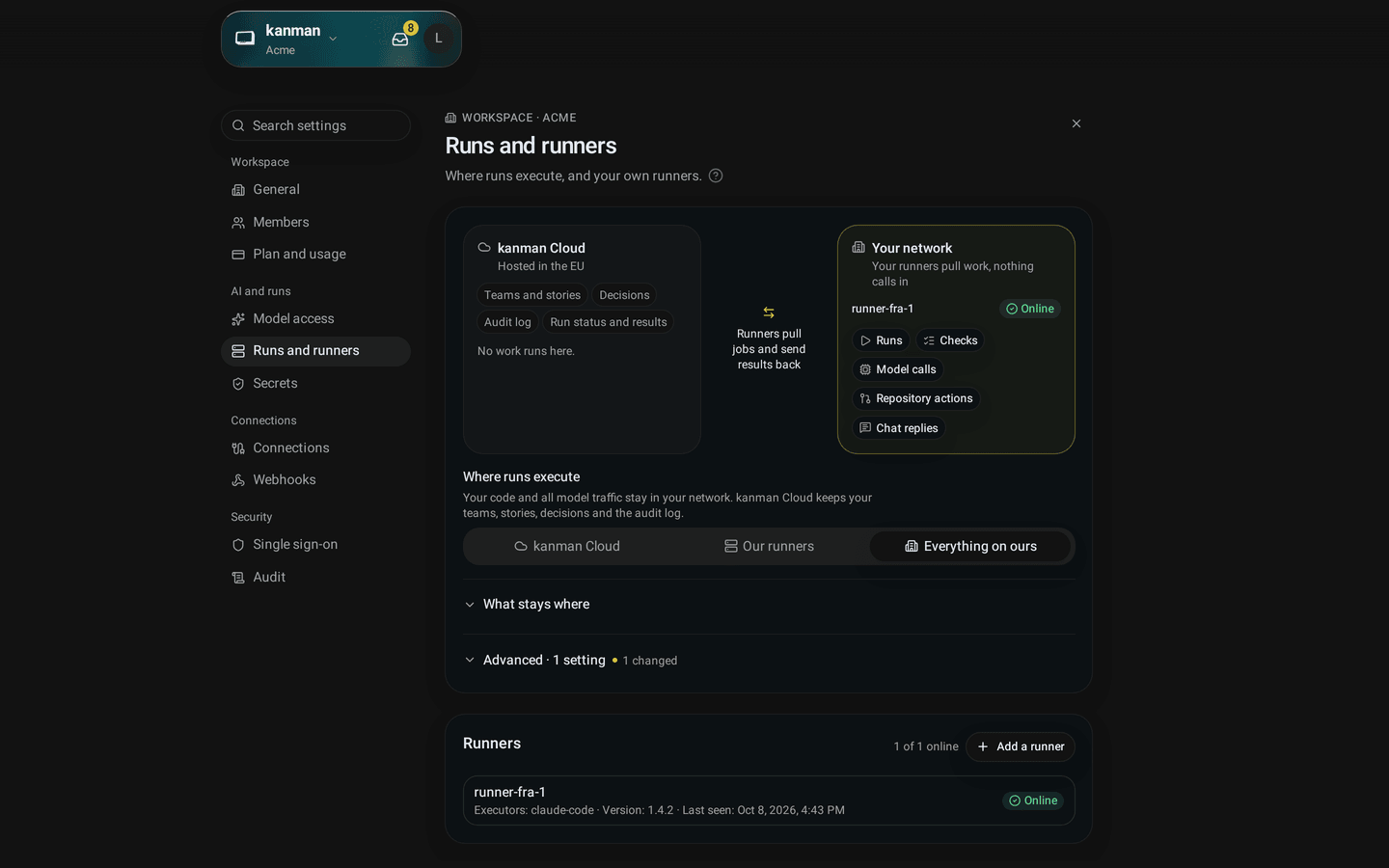 Workspace settings, Runs and runners with Everything on ours chosen and the diagram of what runs where