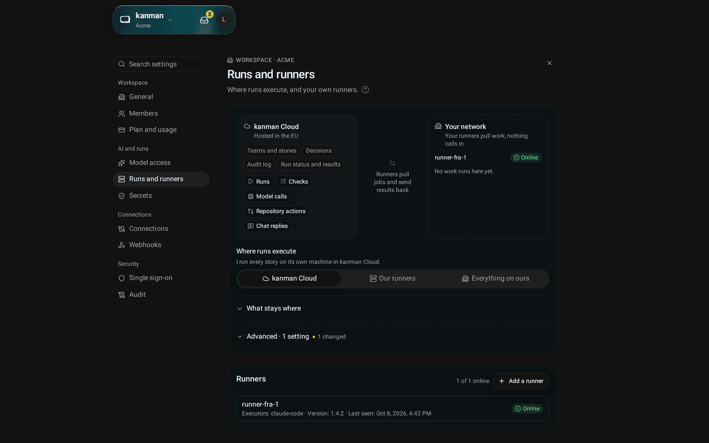 Workspace settings, Runs and runners with one online runner showing its name, version and executors