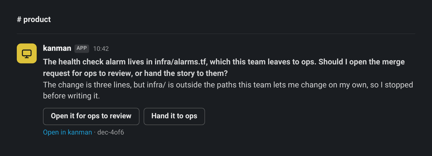 Slack message from kanman with a decision, the recommendation and the options as buttons