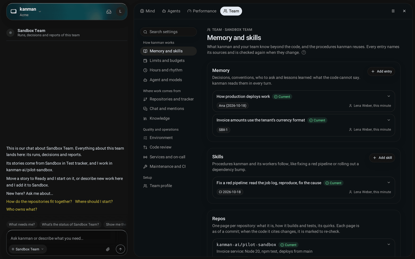 Team tab, Memory and skills: entries headed by what they say, each with its sources, how current it is and who changed it, and a skill below (Desktop)