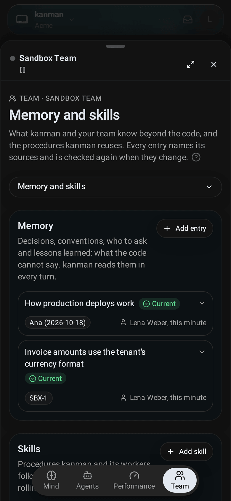 Team tab, Memory and skills: entries headed by what they say, each with its sources, how current it is and who changed it, and a skill below (Mobile)