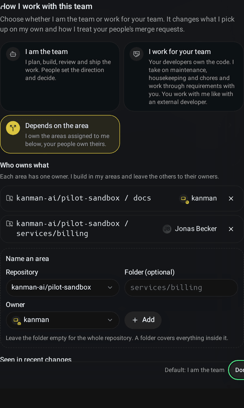 Team settings, card How I work with this team: the three choices with Depends on the area selected, two named areas (the docs folder for kanman and the billing service for a person), the row to name another area and the areas seen in recent changes (Desktop)