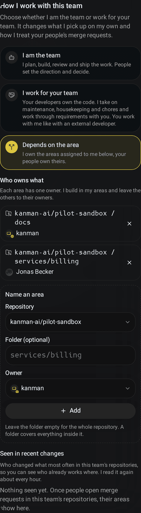 Team settings, card How I work with this team: the three choices with Depends on the area selected, two named areas (the docs folder for kanman and the billing service for a person), the row to name another area and the areas seen in recent changes (Mobile)