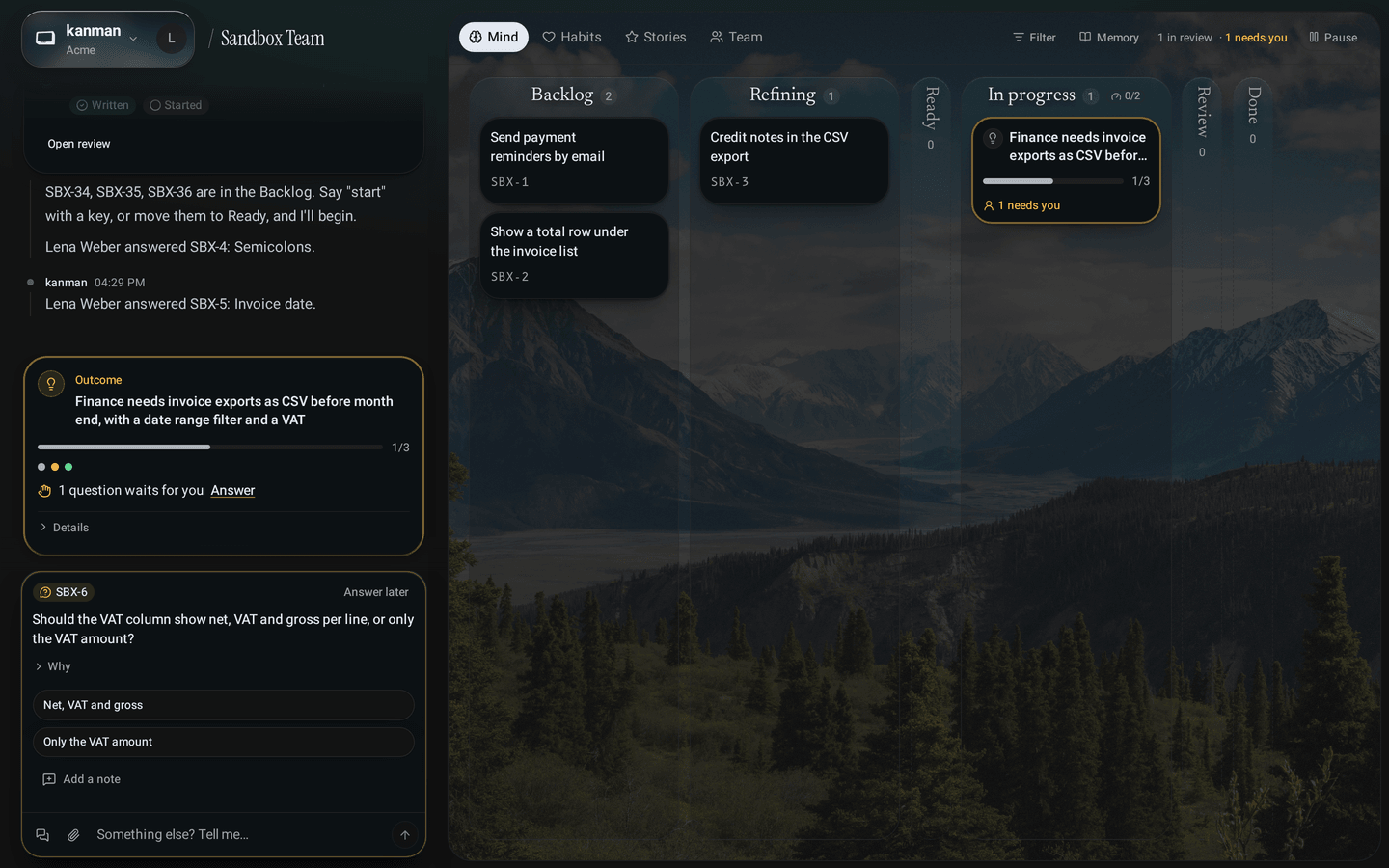 Team page with wallpaper and the columns: story cards in Backlog and Refining, and in In Progress the outcome card with its progress and how many of its stories need you; the tabs with their icons in the header (Desktop)