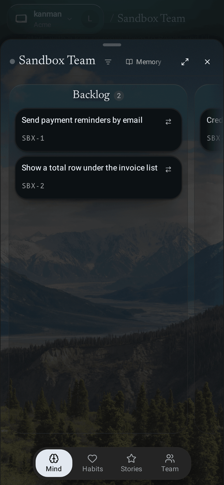 Team page with wallpaper and the columns: story cards in Backlog and Refining, and in In Progress the outcome card with its progress and how many of its stories need you; the tabs with their icons in the header (Mobile)