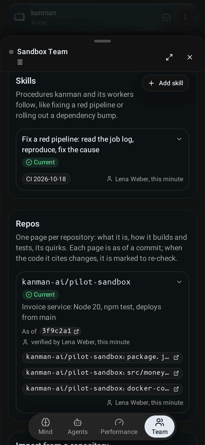 The Repos card: a repository page as of its commit, who verified it and when, and the repositories without a page yet (Mobile)