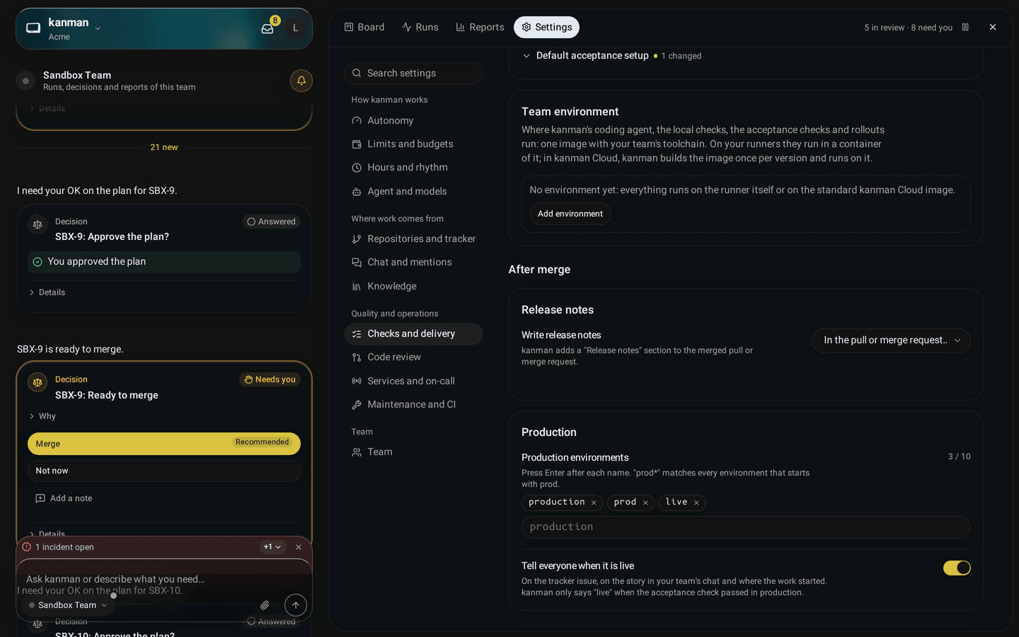 Team tab, Checks and delivery, After merge: release notes, the changelog path, the production environments to watch and closing the loop