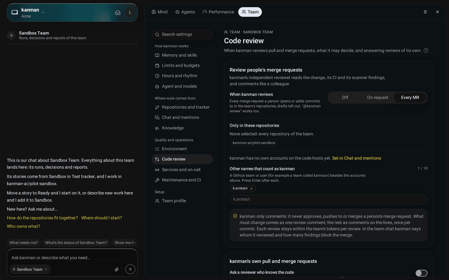 Team tab, Code review: Review people's merge requests set to Every MR, the team's repositories as chips, and the note that kanman only comments