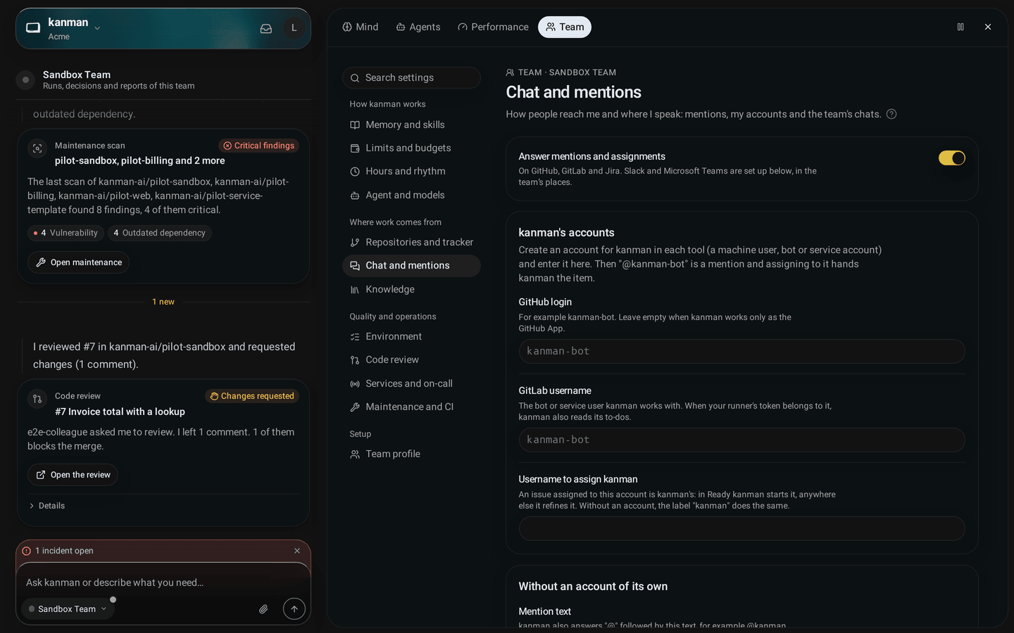 Team tab, Chat and mentions: kanman's accounts on GitHub, GitLab and in the tracker, mentions and assignments switched on and refining an assigned issue first
