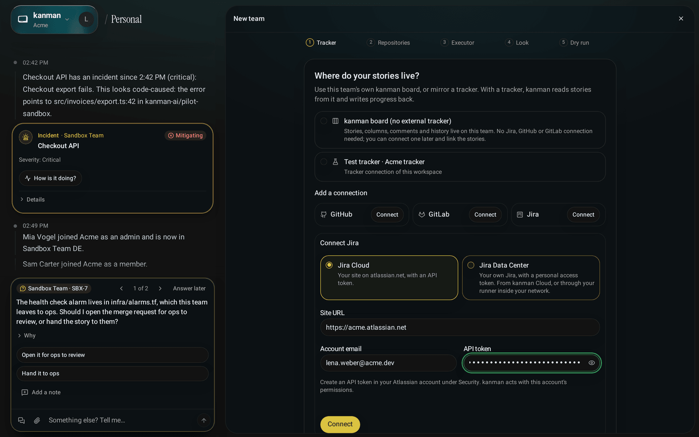 The Connect Jira form in the team setup with Jira Cloud selected, site URL, email and API token filled in