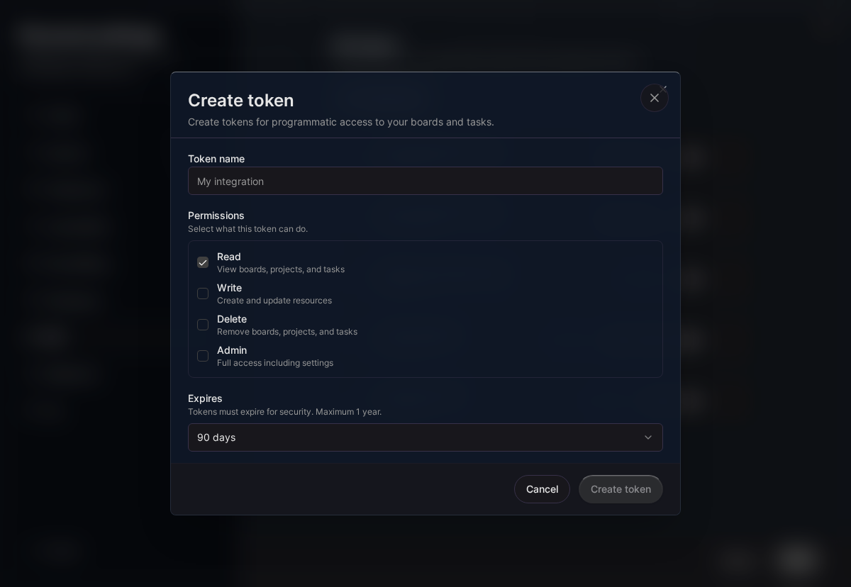 API-Token-Erstellungsformular (Desktop)