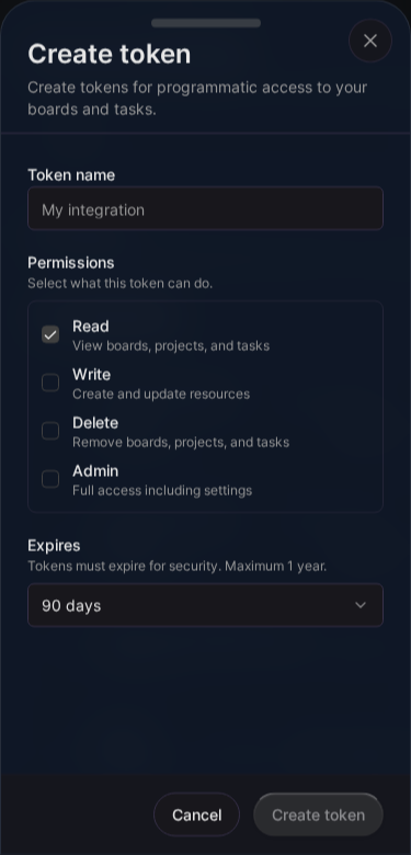 API-Token-Erstellungsformular (Mobile)