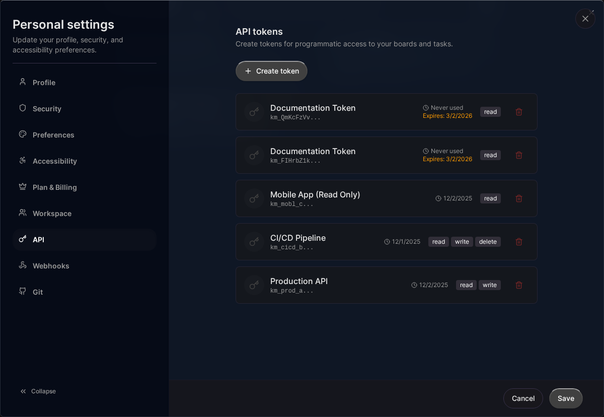 API-Token-Verwaltung (Desktop)
