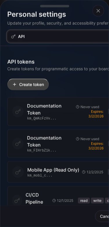 API-Token-Verwaltung (Mobile)