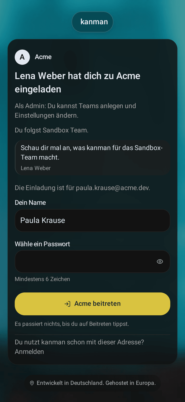 Die Seite zum Beitreten: Marco hat dich zu VIER eingeladen, die Rolle, das Team, dem du folgst, die Notiz und Felder für Name und Passwort mit dem Button VIER beitreten (Mobile)