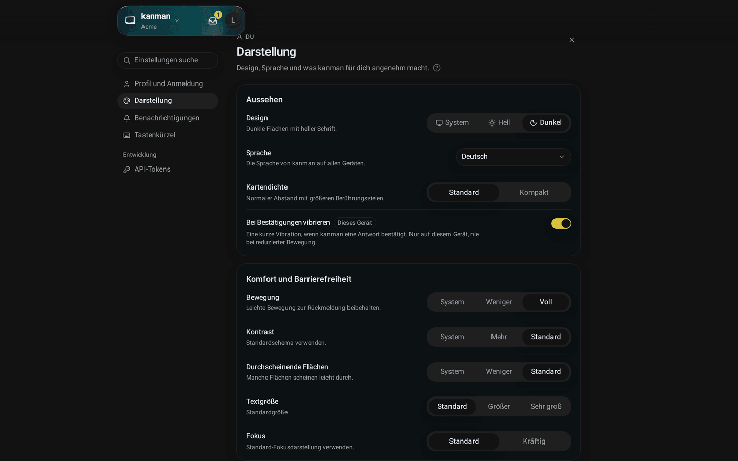 Komfort und Barrierefreiheit mit Bewegung, Kontrast, durchscheinenden Flächen, Textgröße und Fokus (Desktop)